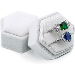 Velvet 2 Slots Ring Box for Proposal Engagement Wedding Ceremony -Hexagon Vintage Double Ring Display Holder with Detachable Lid (Emerald)