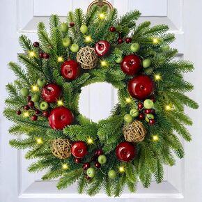 Christmas Wreath - Christmas Wreaths for Front Door, 20" Norfolk Pine Wreath with Lights Christmas Fruits Berries Rattan Balls Pine Needles Wreath for Home Wall Window Indoor Outdoor Decor