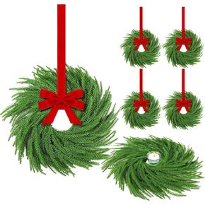 Hotop 6 Set Christmas Norfolk Pine Wreath Decoration Christmas Kitchen Cabinet Wreaths with Red Ribbon Mini Wreaths Farmhouse Decoration Hanging Rings Garland for Pillar Christmas Window Chair Wall