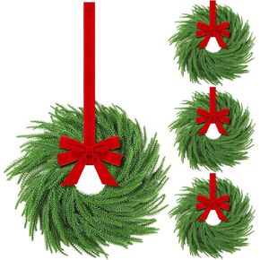 Hotop 6 Set Christmas Norfolk Pine Wreath Decoration Christmas Kitchen Cabinet Wreaths with Red Ribbon Mini Wreaths Farmhouse Decoration Hanging Rings Garland for Pillar Christmas Window Chair Wall