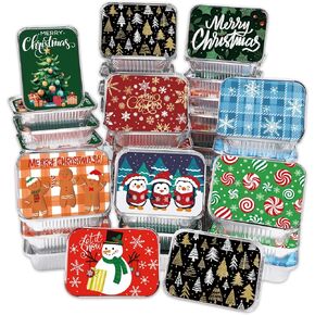 36PCS Christmas Aluminum Food Containers with Lids 9 Styles Merry Christmas Foil Leftover Containers Disposable Cookie Tins Storage Pans for Winter Holiday Gift Giving Party Supplies (Style A)