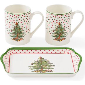 Spode Christmas Tree Polka Dot 10oz Mug & 8" Tray Set (3-Piece Set) - Festive Porcelain Mugs with Melamine Tray, Dishwasher & Microwave Safe - Ideal for Hot Chocolate or Coffee