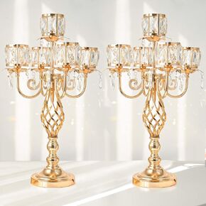 23.2 inch Tall Elegant and Chic 5 Arm Pendant Crystal Candlestick holderTable Decoration tealight Candle Holder, Candelabra for Classy and Gorgeous Wedding/Parties Table Centerpiece (1, Gold)