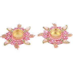 Aditri Creation Set of 2 Decorative Mat Rangoli with T-Light Candle Holder Stand for Christmas Decorations Made up of Golden Embrodaries for New Year Gifting Idea (Size:- 5")(Colour:- Pink)