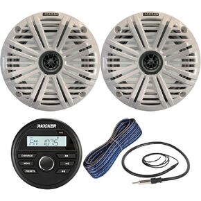 Kicker KMC2 Weather-Resistant Marine Gauge Style Bluetooth USB Receiver with 6.5" 2-Way 195W Max Coaxial Boat Speakers with Silver Grilles (Qty 2), 50-Ft 16-Gauge Wire, 22" Antenna