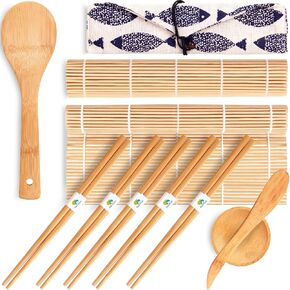 Bamboo Sushi Making Kit, Sushi Maker, 2 Bamboo Makisu Sushi Rolling Mats, 5 Pairs Chopsticks, Sauce Dishes, Rice Paddle, Spreader - Natural Sushi Roller Set for Beginners DIY Sushi at Home