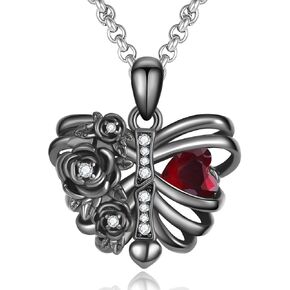LES OSEWA Gothic Rib Cage Necklace Sterling Silver Black Skull Pendant Skeleton Heart Necklace Halloween Goth Jewelry Skull Gifts for Women Men