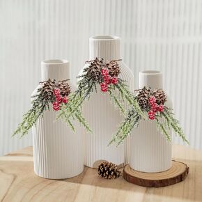 Christmas Ceramic Vases, Set of 3 Indoor White Ribbed Minimalist Vases with Pineflower Rings Xmas Decorations, Decorative Vase Centerpiece for Table, Shelf, Fireplace, Entryway, Christmas Home Decor