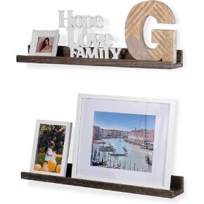 Rustic State Ted Wall Mount Narrow Picture Ledge Photo Frame Display - 24 Inch Floating Wood Shelves for Living Room Office Kitchen Bedroom Bathroom Décor - Distressed Brown - Set of 2