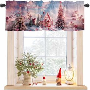 Pink Christmas Curtain Valance for Windows/Living Room/Kitchen/Bathroom/Café, Short Rod Pocket Tier Curtain Window Treatment Panel Fantasy House Snowflake Xmas Candy Tree Valance Curtain 54''x18''