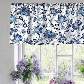 Blue Floral Curtain Valance 18 x 54 Inch Vintage Flower Valance Curtain Rod Pocket Retro Botanical Short Window Treatment for Home Party Decor