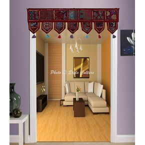 Ethnic Cotton Window Valance Kids Maroon Vintage Embroidered Patchwork Tassels Floral Scarf Curtain Topper Living Room Swag Curtain Door Hanging Toran | 38 x 14 Inches
