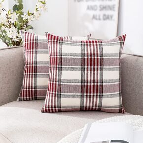 CARRIE HOME Red Christmas Tartan Plaid Pillow Covers 18x18 Set of 2 Farmhouse Buffalo Plaid Red Striped Throw Pillow Cover for Living Room Couch Sofa