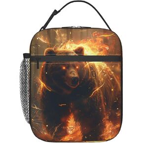 Insulated Lunch Box for Adults Bear Lunch Box for Work,Picnic,School,Travel,Hiking, Beach or Fishing Polyester Bear Lunch Bag Bear Fire