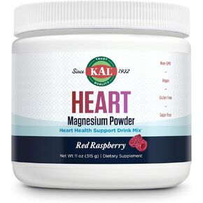 KAL Heart Magnesium Powder, Red Raspberry Flavor, Heart Health Support, Magnesium Drink Mix, Magnesium Supplement, Sugar Free, 70 Servings, 11 OZ