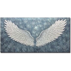 Boiee Art، 24 × 48 بوصة مزخرفة مرسومة يدويًا مجردة أجنحة الملاك لوحات قماشية عمل فني حديث رمادي أزرق أبيض لوحة زيتية ديكور منزلي فن خشبي داخل إطار جاهز للتعليق في مدخل غرفة الطعام in Kuwait