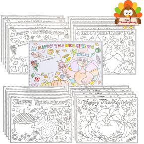 Thanksgiving Coloring Placemats for Kids(20 Sheets). Fall Activity Thanksgiving Crafts Paper Mats Set for Party, Color Your Own Autumn Mats for Thankful, Designed Turkey Pumpkin Gnome and Squirrel