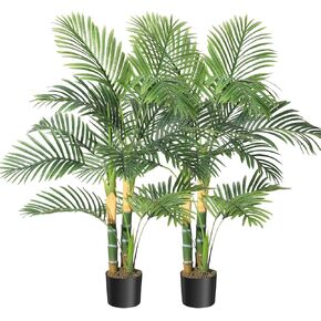 5ft Tall Triple Golden Cane Palm Artificial Tree, Large Tropical Palm Tree, PE Material & UV Resistant Fake Plant in Pot for Indoor Outdoor Home Decor Office House Living Room (Set of 2)