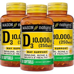 MASON NATURAL Vitamin D3 250 mcg (10000 IU) - Supports Overall Health, Strengthens Bones and Muscles, from Corn Oil, 60 Softgels (Pack of 3)