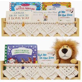 Macrame Kids Bookshelf for Wall 2 Pack, Boho Floating Shelves for Nursery Toddler Bedroom Classroom, Wood Hanging Book Shelf Storage Organizer for Room Decor