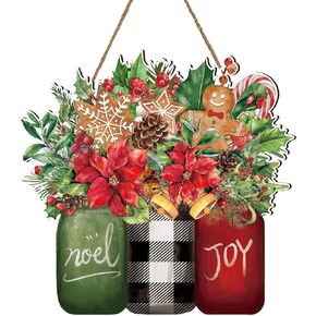 Whaline Christmas Wooden Hanging Sign Xmas Floral Welcome Door Sign Christmas Noel Joy Mason Jar Wood Door Hanger for Christmas New Year Farmhouse Home Office Window Decoration