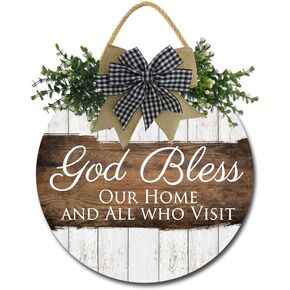 FemiaD God Bless This Home and All Who Enter Sign for Front Door Funny Wreaths Hanging Wooden Plaque Decoration Round Rustic Wood Farmhouse Porch Decor for Home Front Door Decor 11inch