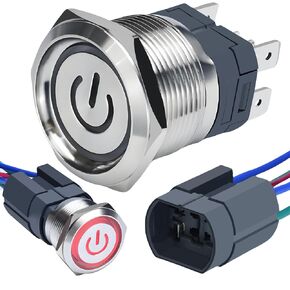15Amp Momentary Push Button Switch 22mm IP67 Waterproof DPST 110V-120VDC/AC On Off Stainless Steel 304 Shell with LED Light for 7/8" Hole with Wire Socket (Green)