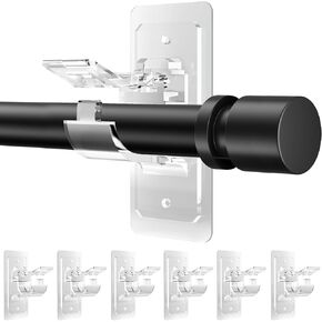 6 PC No Drill Curtain Rod Brackets - Large Self Adhesive Curtain Rod Holder Hooks with Screws, 2 Install Methods, Nail Free Curtain Rod Hangers, Multipurpose Adhesive Hooks for Bathroom Bedroom