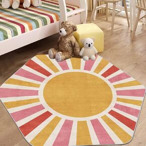 Boho Classroom Rug 5x7, Large Rainbow Washable Kid Rugs Non-Slip Living Room Carpet Colorful Sun Accent Rug Soft Ultra-Thin Throw Mat Indoor Low Pile Nursery Rug for Bedroom Playroom