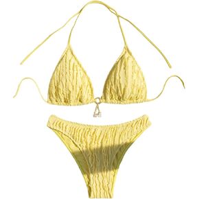 SHENHE Women's Two Piece Bikini Set Tie Back Textured Cheeky Halter Swimsuits Swimwear