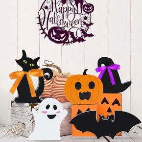 Jansun 5 Pieces Halloween Tiered Tray Decorations Indoor Wooden Decor Ghost Black Cat Bat Pumpkin Witch Hat Signs Blocks for Halloween Party Shelf Display Home Indoor Decoration