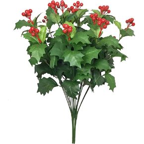 Htmeing 2pcs Artificial Bushes Holly Spray Berries Cedar Leaf Stems Christmas Flowers Leaves Home Party Decoration (Green)