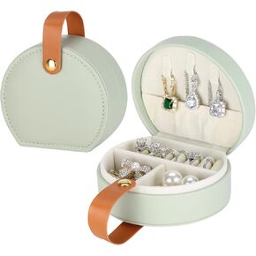 PU Leather Small Travel Jewelry Case with Handle, Portable Mini Jewelry Travel Organizer for Women Girl Bridesmaid Gift and Travel Essential to Store Ring, Necklace, Earring (Green)