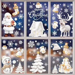190 Pcs Stereoscopic Effect Christmas Window Clings, Double-Sided Printed Santa Claus Snowflake Window Stickers, Self Adhesive Window Decal Decoration for Xmas Holiday Winter Party
