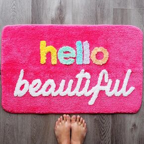Evovee Hello Beautiful Bath Mat Cute Bathroom Rugs for Girls You Look Good Gorgeous Funny Shower Fun Bathroom Decor Non-Slip Washable Kids Women Dark Hot Pink Magenta Rainbow Colorful