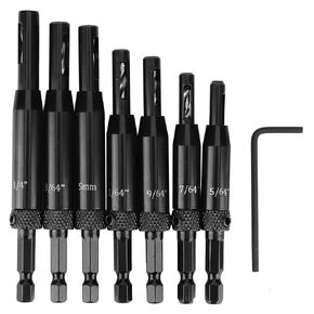 7 Pcs Hinge Drill Bit Set with L-Shape Hex Wrench Self Centering Hinge Hole Opening Drill Kit 5/64'',7/64'',9/64'',11/64'',5'',13/64'',1/4'' Cabinet Pilot Hole Opening Wood Carpenter Kit