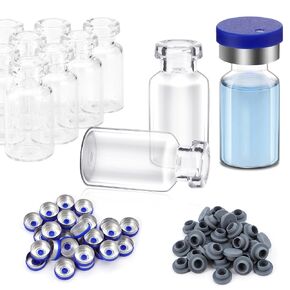 100 Pack 10ml Glass Vials, Amber Glass Headspace Vials with Plastic-Aluminum Flip Off Caps and Rubber Stoppers, 20mm Flat Bottom Lab Crimp Top Vial for Injection