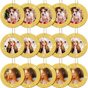 Jetec 15 Pieces Mini Magnetic Glitter Christmas Photo Frame Ornaments with 13.12 Feet Gold Thread for Holiday Christmas Picture Frame Tree Decoration (Gold)