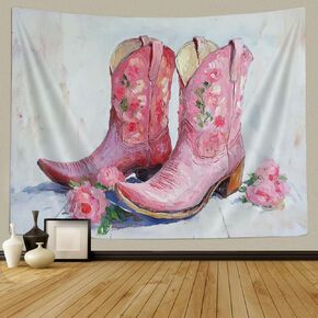 Pink Western Tapestry, Funny Hot Pink Cow Boots Tapestry for Bedroom, Preppy Howdy Cowgirl Tapestry Aesthetic Wall Hanging for Teen Girls Women College Dorm Living Room Party Decor, 60X40IN