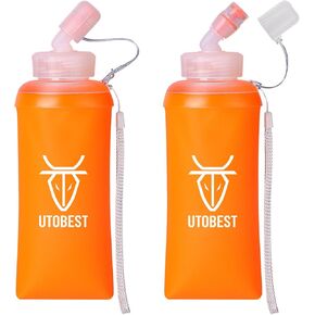 UTOBEST Soft Flask, 350ml Soft Flask Running Bottles with Straw,TPU Foldable Running Flask, Portable Collapsible Flask Handheld for Travel Traveling Hiking Cycling City Walk Orange