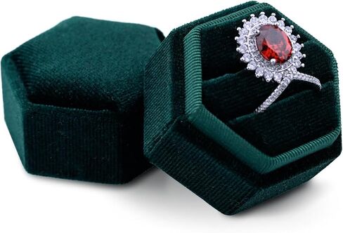 Velvet 2 Slots Ring Box for Proposal Engagement Wedding Ceremony -Hexagon Vintage Double Ring Display Holder with Detachable Lid (Emerald) in Saudi Arabia