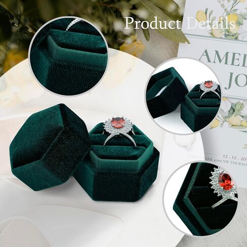 Velvet 2 Slots Ring Box for Proposal Engagement Wedding Ceremony -Hexagon Vintage Double Ring Display Holder with Detachable Lid (Emerald) in Saudi Arabia