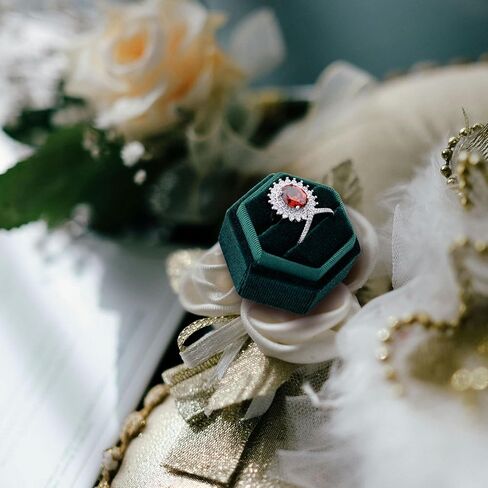 Velvet 2 Slots Ring Box for Proposal Engagement Wedding Ceremony -Hexagon Vintage Double Ring Display Holder with Detachable Lid (Emerald) in Saudi Arabia