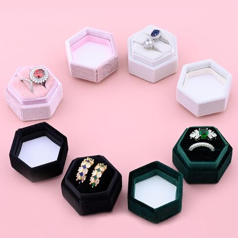 Velvet 2 Slots Ring Box for Proposal Engagement Wedding Ceremony -Hexagon Vintage Double Ring Display Holder with Detachable Lid (Emerald) in Saudi Arabia