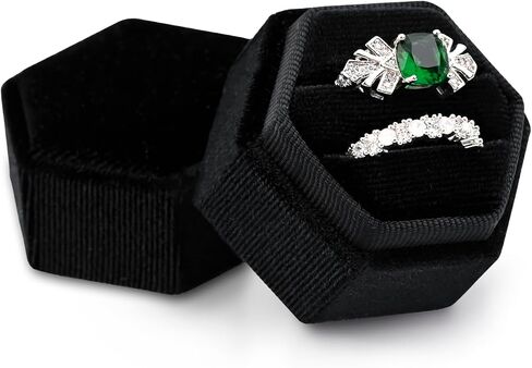 Velvet 2 Slots Ring Box for Proposal Engagement Wedding Ceremony -Hexagon Vintage Double Ring Display Holder with Detachable Lid (Emerald) in Saudi Arabia