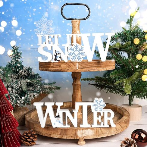 قطعتان من ديكورات الشتاء لعيد الميلاد في الأماكن المغلقة، خشبية دعها ثلج على سطح الطاولة، قطعة مركزية لطاولة الشتاء، ديكور أرض العجائب الشتوية، ندفة الثلج، زينة عيد الميلاد لحفلة صينية متدرجة مجمدة (أبيض) in Kuwait