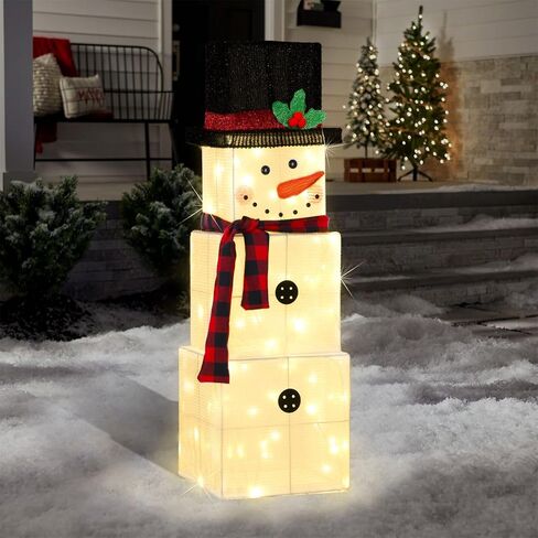 Christmas Stacked Snowman Decorations, 3 Fit Pre-Lit Snowman with 75 LEDs Light Up Christmas Night, Christmas Decoration Suitable for Indoor, Outdoor, Courtyard, Garden in Saudi Arabia