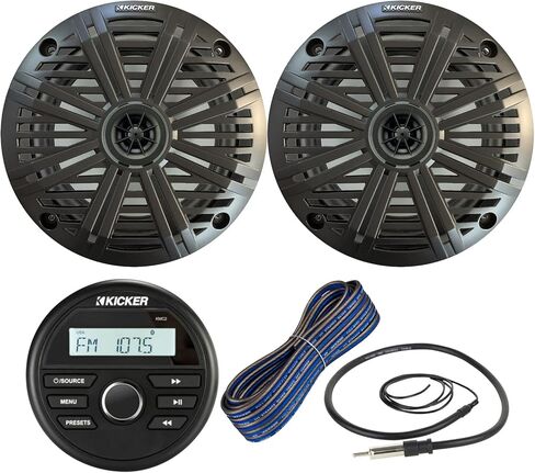 Kicker KMC2 Weather-Resistant Marine Gauge Style Bluetooth USB Receiver with 6.5" 2-Way 195W Max Coaxial Boat Speakers with Silver Grilles (Qty 2), 50-Ft 16-Gauge Wire, 22" Antenna in Saudi Arabia