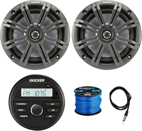Kicker KMC2 Weather-Resistant Marine Gauge Style Bluetooth USB Receiver with 6.5" 2-Way 195W Max Coaxial Boat Speakers with Silver Grilles (Qty 2), 50-Ft 16-Gauge Wire, 22" Antenna in Saudi Arabia