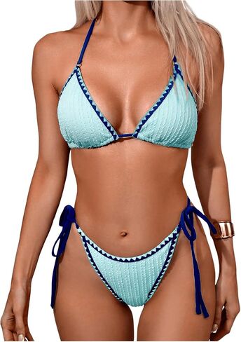 Women's 2 Piece Textured Color Block Swimsuit Halter Backless Bathing Suit Tie Side Thongs Bikini Sets in Kuwait